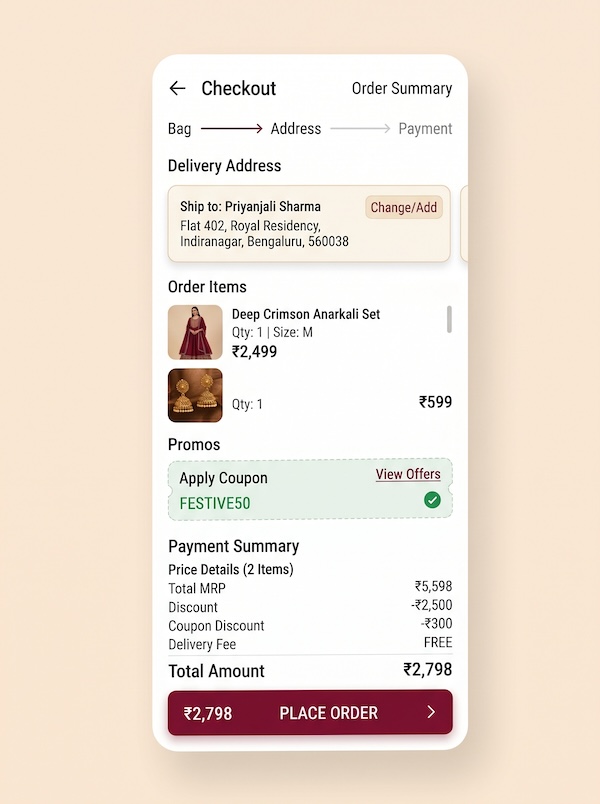 Cravault fashion simulated checkout screen with ₹0 charged