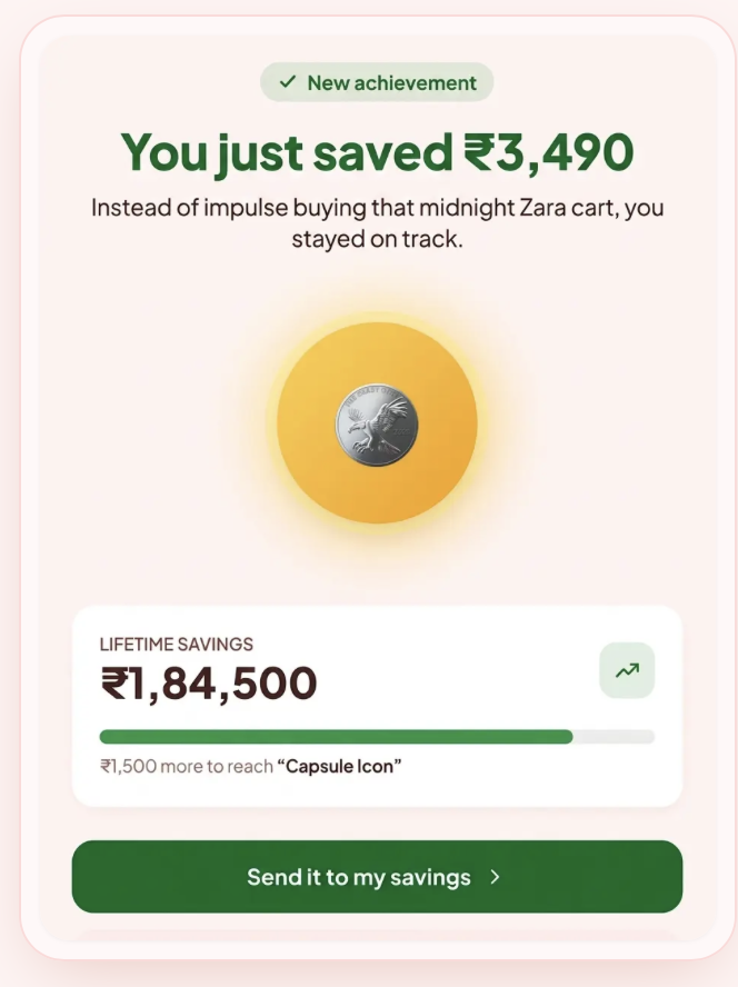 Cravault fashion savings achievement showing ₹3,490 saved