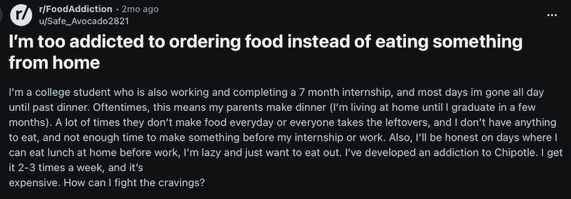 Reddit post from r/FoodAddiction about fighting food ordering cravings