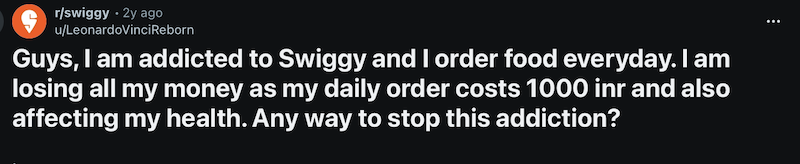 Reddit post from r/swiggy about spending ₹1,000 daily on food delivery