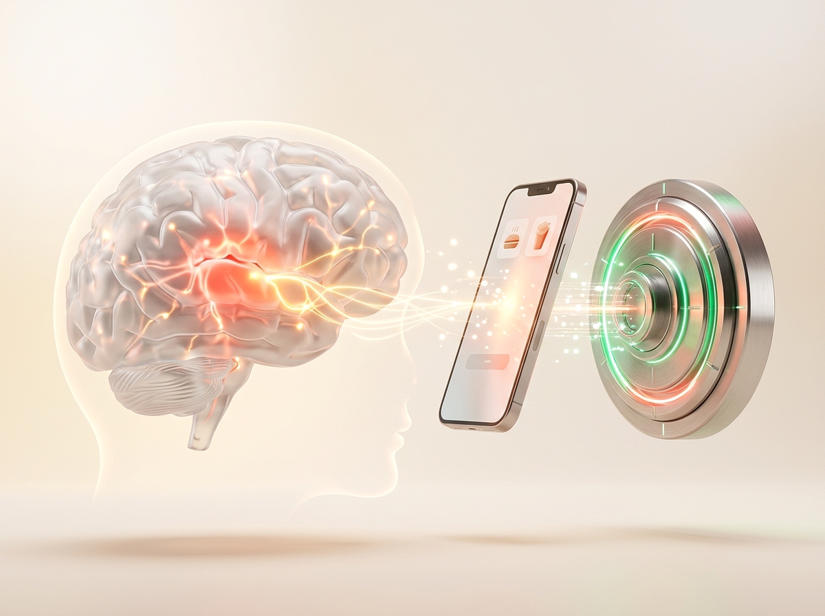 3D neuroscience illustration of the human brain's dopamine reward circuitry interacting with smartphone temptation and Cravault vault lock