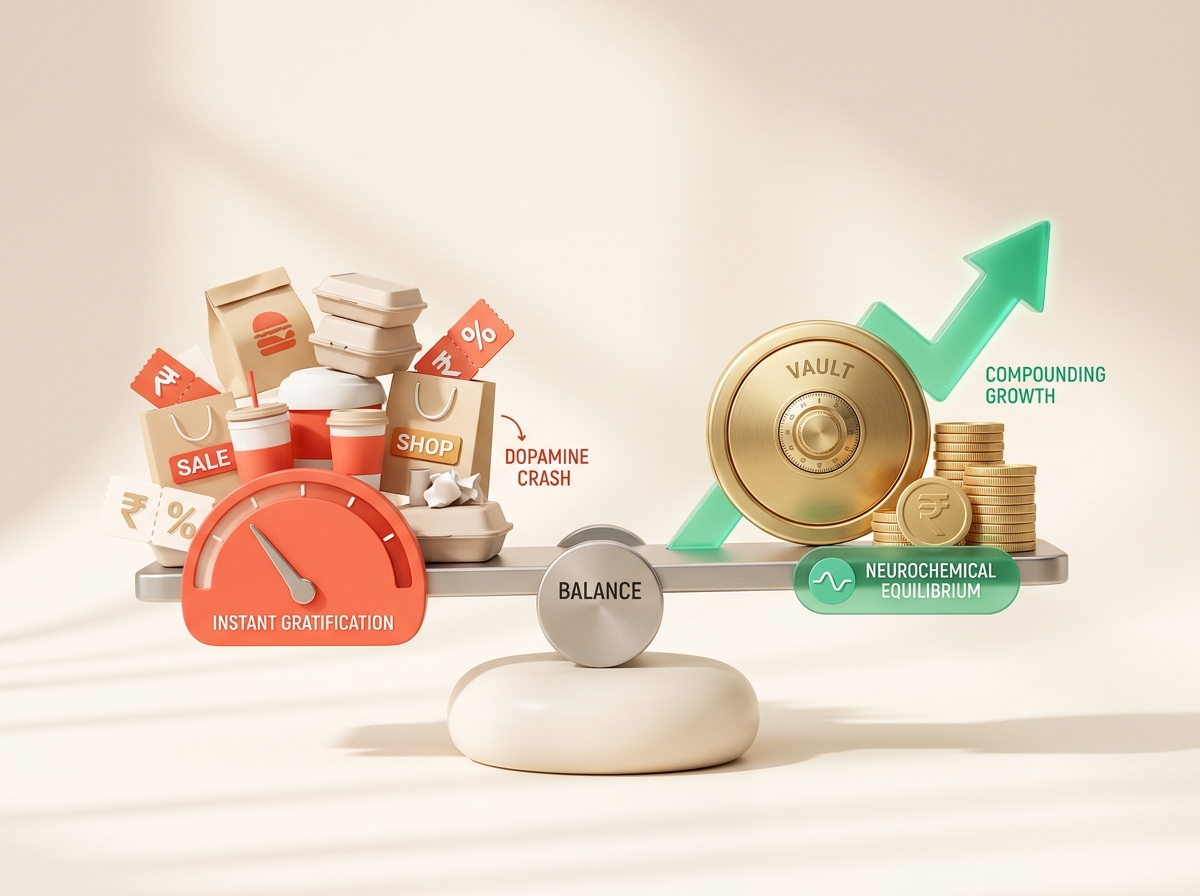 3D editorial illustration of Dr. Anna Lembke's pleasure-pain balance seesaw weighing fast-food delivery against Cravault compounding savings